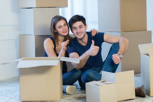 Packed office furniture and equipment ready for relocation